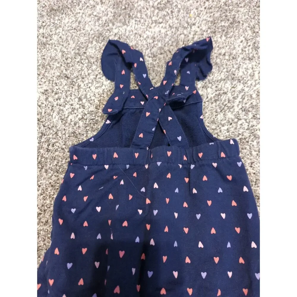 CARTER'S Navy Blue Knit Adjustable Overalls with Pink Hearts Ruffles 18 months